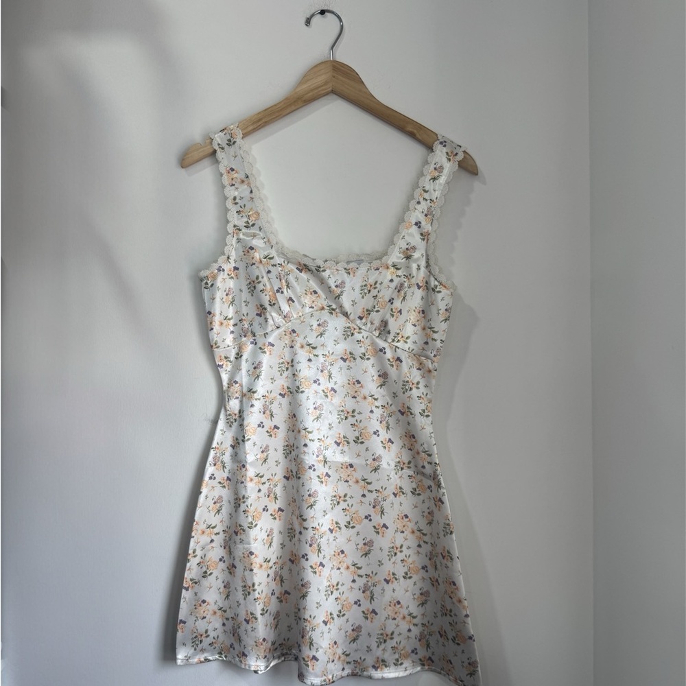 Princess Polly Berlin Satin Square Neck Lace Trim Mini Dress in Cream Floral